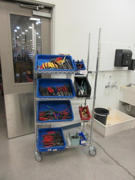 Hand Tools, Large Assortment including Tin Snips, Snap Ring Pliers, Wire Strippers, Banding Cutters and MORE on 4-Shelf Uline 36" x 18" x 78" Metal Wire Rolling Cart- Auction Item