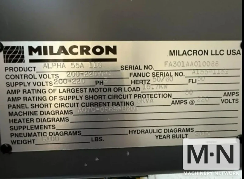 55 TON 1.9 OZ MILACRON MODEL ALPHA S50iA ROBOSHOT INJECTION MOLDING MACHINE MFG 2015