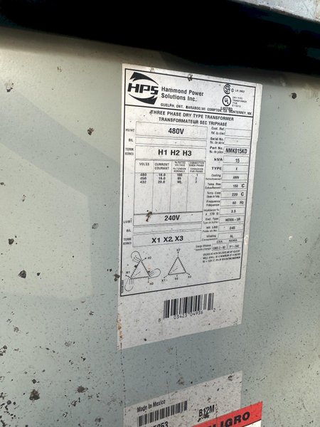 15 KVA HAMMOND POWER 480V TO 240V 3 PHASE ELECTRICAL TRANSFORMER: STOCK 19702