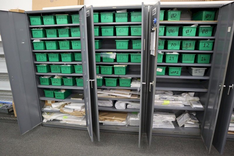 Metal 2 Door Heavy Duty Storage Cabinets (3 Units) with Adjustable Shelves and Contents of Plastic Bins and Parts- Auction Item