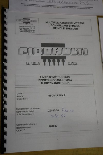 Pibomulti X9810-50 Spindle Speeder, CT40 Taper, 50,000 RPM Max Speed, 10:1 Ratio- Auction Item