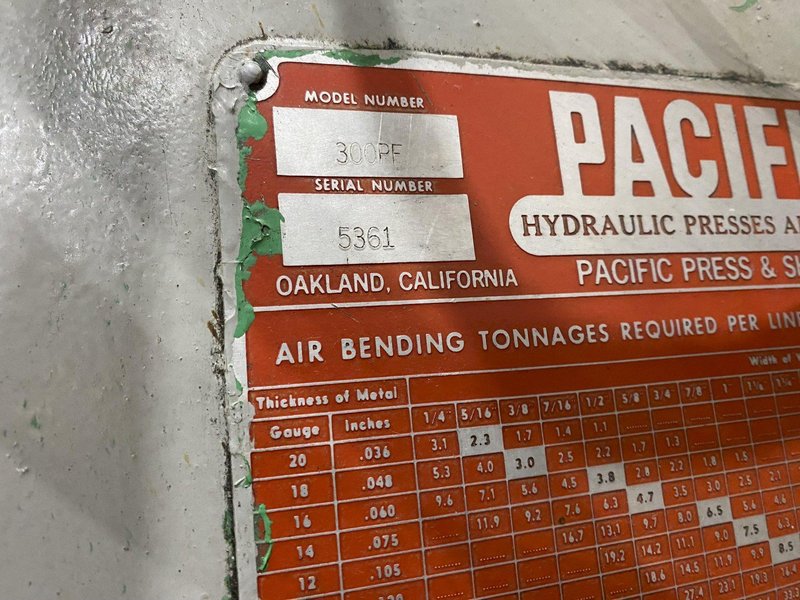 300 TON PACIFIC MODEL #300PF PRESSFORMER HYDRAULIC C-FRAME PRESS, 12" STROKE: STOCK #16260