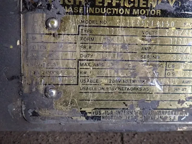 TOSHIBA 150 HP MOTOR  -  S316492F4150