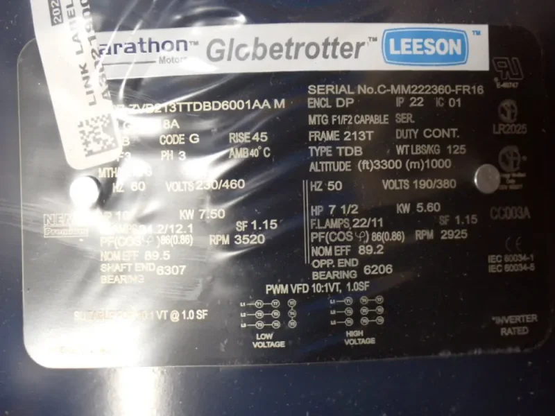 MARATHON MOTORS 10 HP MOTOR  -  213TTDBD6001