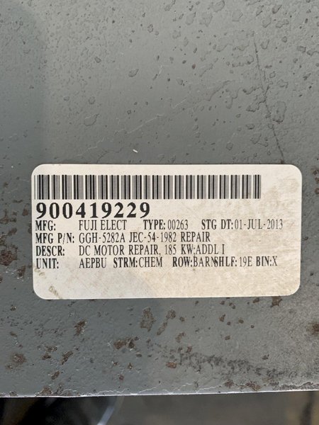 250 HP FUJI ELECTRIC DC MOTOR. STOCK # 0255024