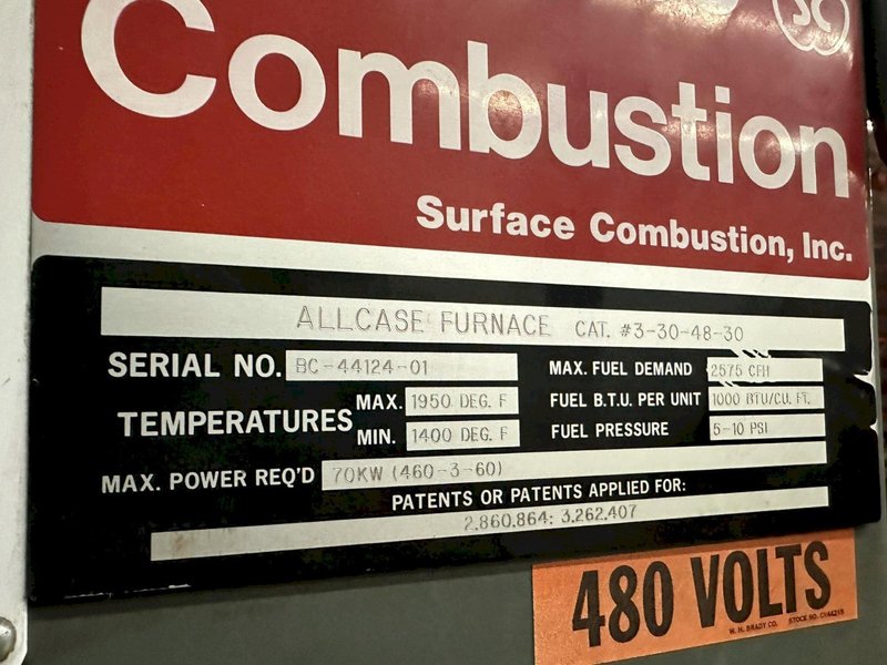 1950 DEGREE SURFACE COMBUSTION ALLCASE 3-30-48-30 GAS FIRED FURNACE: STOCK #20710