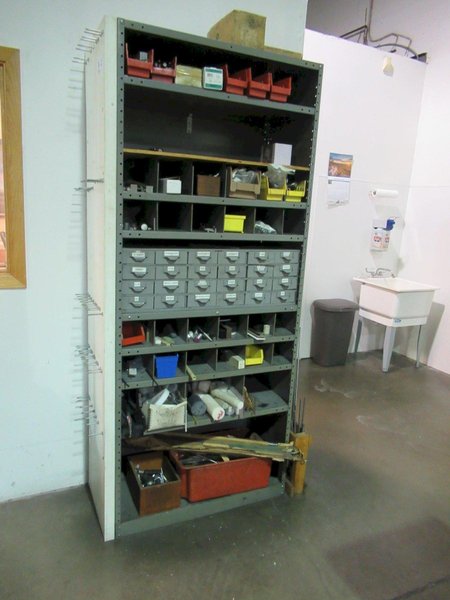 Metal Shelving Unit with Contents including Hardware, Threaded Rod and MORE- Auction Item