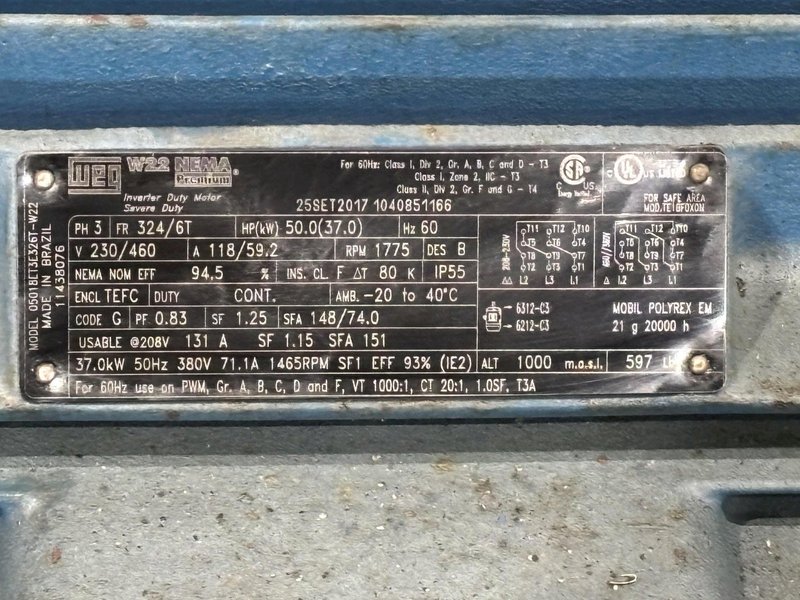 50 HP WEG 230/460 VOLT 1775 RPM 324/6T FRAME AC MOTOR: STOCK #22709