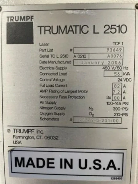 TRUMPF 2006 TRUMPF TRUMATIC L2510 C02 LASER  -  TRUMATIC L 2510