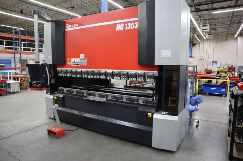 Amada HG 1303 CNC Hydraulic Press Brake, 143 Ton x 112.4", Down-Acting, AMNC 3i Control, 6-Axis BG, Curtains