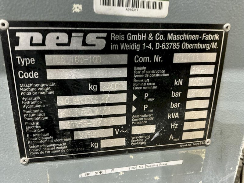 100 TON REIS MODEL #TUS 160 HYDRAULIC MOLD SPOTTING AND TRYOUT PRESS: STOCK #24186