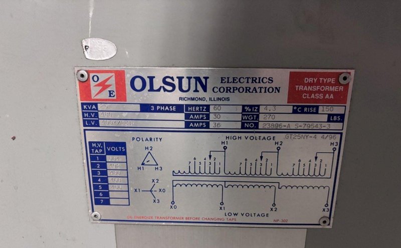 25 KVA OLSUN CLASS AA DRY TYPE TRANSFORMER: YOBRO #24594