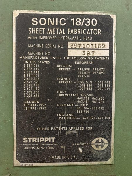 STRIPPIT SONIC 18/30 PUNCH MACHINE AND CORNER NOTCHER W/ TOOLING. STOCK # 1271823.
