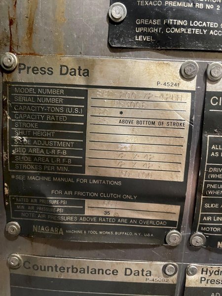 200 ton Niagara SE2-200-72-42 UH, Used Straight Side Mechanical Metal Stamping Press For Sale, Year 1995