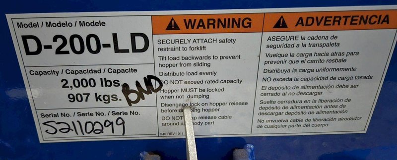 U-LINE D-200-LD 2000LB CAPACITY SELF DUMPING HOPPER – NEW