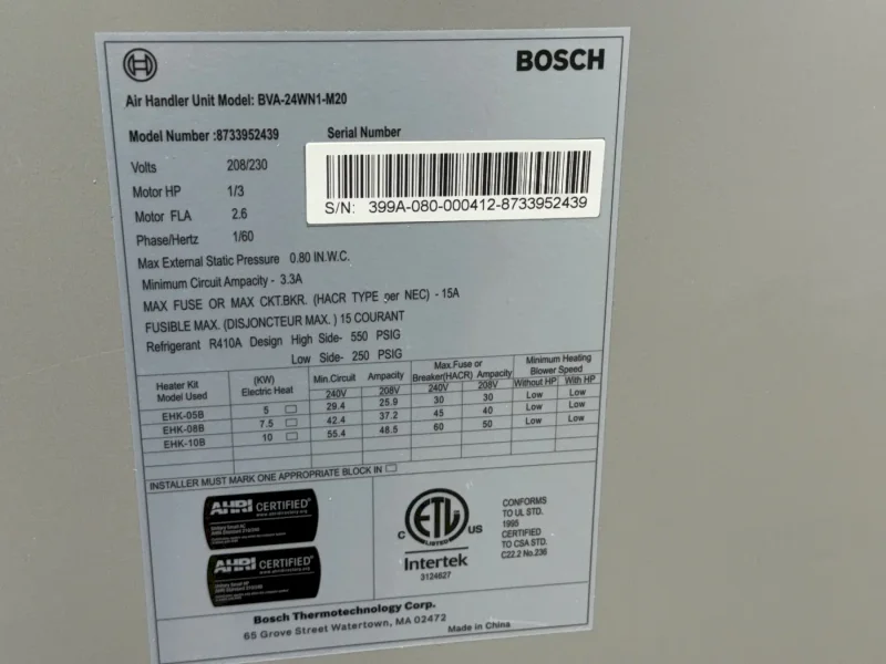 BOSCH AIR HANDLER UNIT  -  BVA – 24WN1 – M20