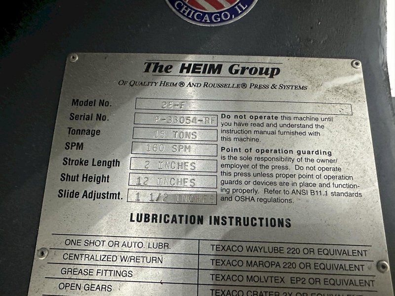 15 TON ROUSSELLE HEIM MODEL #2E-F OBI STAMPING PRESS, 2&quot; STROKE: STOCK #20153