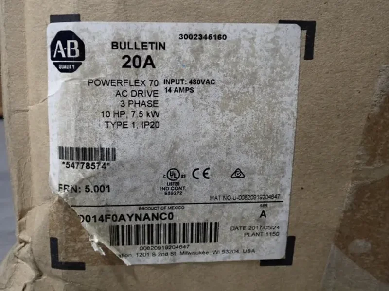 ALLEN BRADLEY 10 HP SERIES A POWERFLEX70  -  20AD014A0AYNANC0