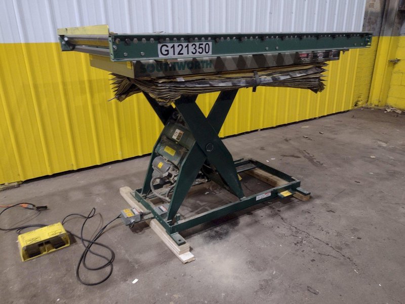 4,000 LBS X 60" X 30" SOUTHWORTH HYDRAULIC SCISSOR LIFT TABLE WITH 60X42 ROLLER CONVEYOR TOP, 110 VOLT: STOCK #20915