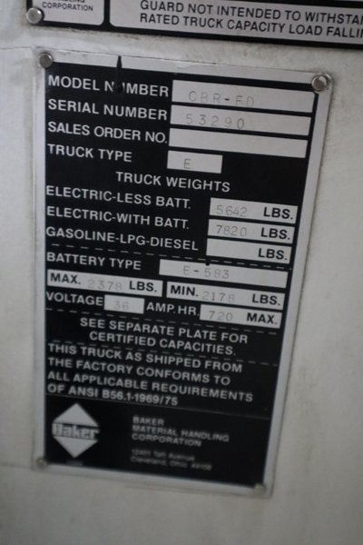 Baker CBR-FD Standing Electric Forklift 2550# Cap, Side Shift, Charger- Auction Item