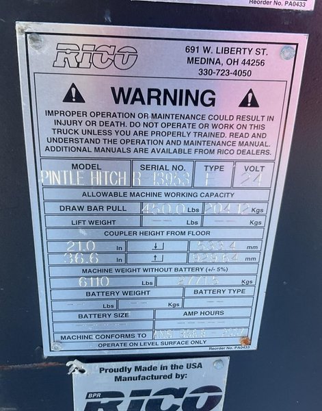 25,000 LBS RICO MODEL #R-LT-S-DD 24 VOLT ELECTRIC WALKIE-RIDE TOW LIFT TUGGER WITH PINTLE HITCH: YOBRO #25210