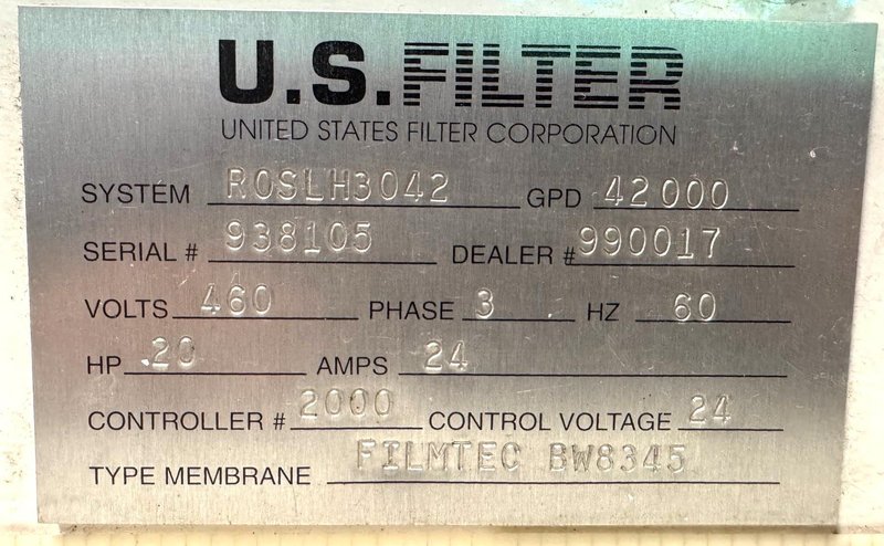 U.S. Filter Reverse Osmosis System ROSLH3042, 20 HP Pump