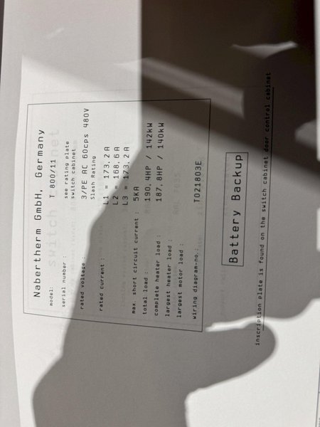 New in box 2015 Nabertherm model t800 electric resistance bale out type furnace rated to 1100 degree C, BU 1800 crucible, 1800 kg. capacity in Al., 140 KW, with controls and elements