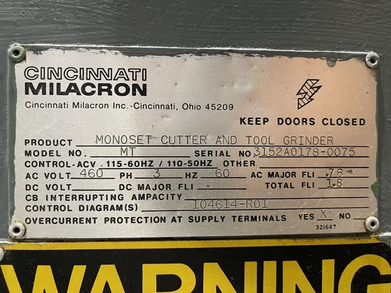 CINCINNATI MILACRON Monoset Tool &amp; Cutter Grinder 1978’ #7056
