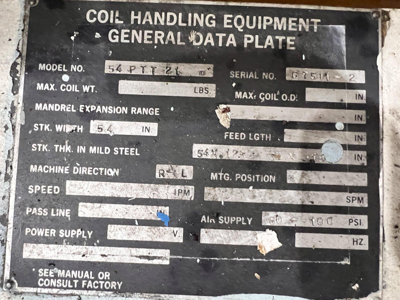 20,000 LBS X 54&quot; X .125&quot; CWP COIL SERVO FEED LINE, REEL, STRAIGHTENER, FEEDER, THREADING TABLE: STOCK #21083