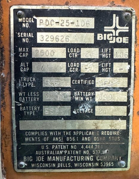 2500 Lb. Big Joe Electric Lift Truck PDC-25-106, Walk Behind, 106" Lift Height, Nice