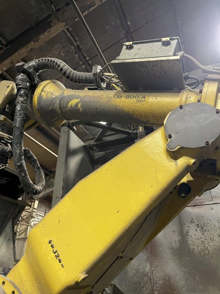 2005 Eagle automated saw and knockout system s/n 05027 with enclosure with light curtain, 2005 Fanuc robot model M-900iA 350 s/n r05743652 with Fanuc system R-J3iB controls s/n e05608535, with saw grips, Eagle enclosure with core knockout system, Allen Bradley plc with panelview 700, core butt discharge conveyor with drive, gate and riser dropoff, related conveyors