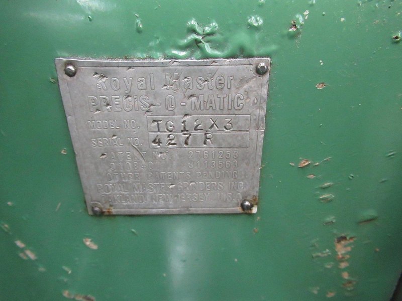 Royal Master Model TG-12X3 Centerless Grinder, .004-1.5" Capacity, Vbl Speed, Hydraulic Dressers