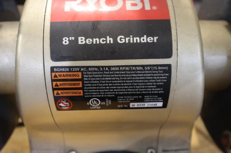 Ryobi 8&quot; Double End Bench Grinder with Tool Rest, Work Light, Coolant Tray, Wheel Dresser, and 5/8&quot; Shaft- Auction Item