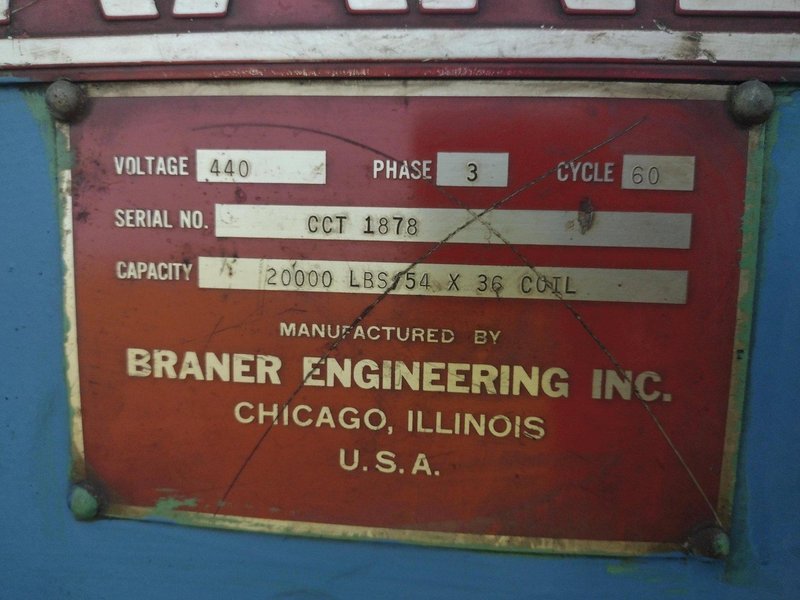 20,000 LBS BRANER HYDRAULIC COIL UPENDER WITH POWER FEED CONVEYOR: YOBRO #25238