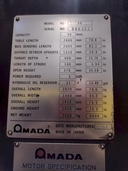 50 TON x 6' AMADA MODEL #RG50 HYDRAULIC PRESS BRAKE NC9-EX CONTROL, 1987: STOCK #19273