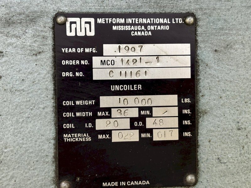 10,000 LBS X 36&quot; METFORM MODEL #MCO1421-1 PULL OFF UNCOILER COIL REEL, NEW 1997: STOCK #21328