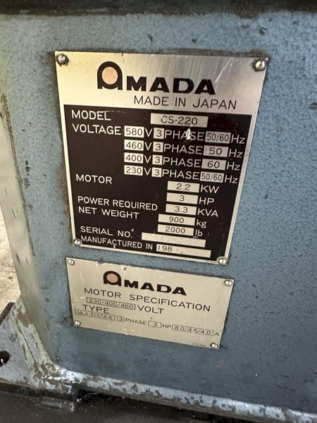8&quot; x 8&quot; x 1/8&quot; AMADA MODEL #CS-220 HYDRAULIC NOTCHER: STOCK #20970