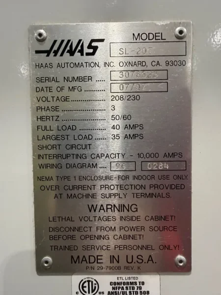 HAAS SL-20 CNC Lathe Turning Center 2007’ USA #8091