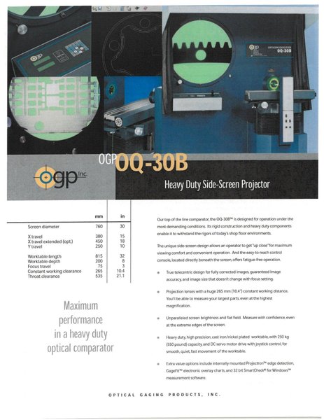 30" OGP Model OQ-30B Heavy Duty Side Screen Optical Comparator and Measuring Machine, S/N OQB30195.