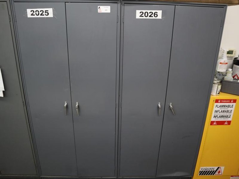Metal 2 Door Heavy Duty Storage Cabinets (2 Units) with Adjustable Shelves and Contents of Plastic Bins and Parts- Auction Item
