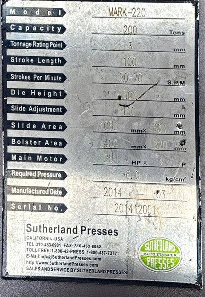 200 TON SUTHERLAND MODEL #MARK-220 GAP FRAME PRESS 4" STROKE: YOBRO #25699