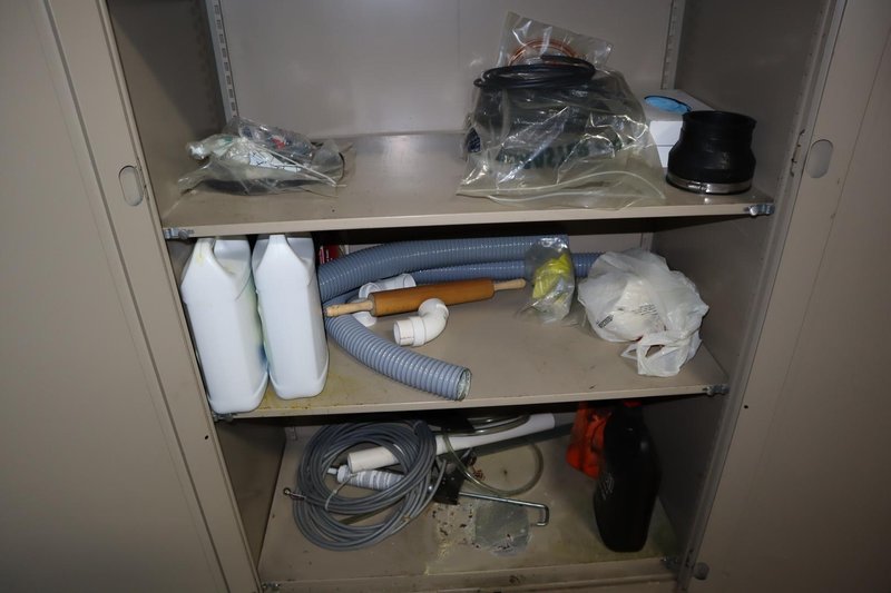 Metal Cabinet with Contents - Cleaning Supplies, Compressor Oil and More- Auction Item