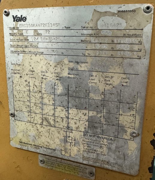 15,000 Lb. Yale Electric Lift Truck, Solid Tire, SS, Fork Positioning, 138" Fork Height