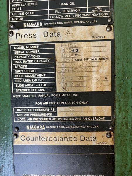 150 TON NIAGARA MODEL #E-150 GAP FRAME PRESS, 6" STROKE: STOCK 17175