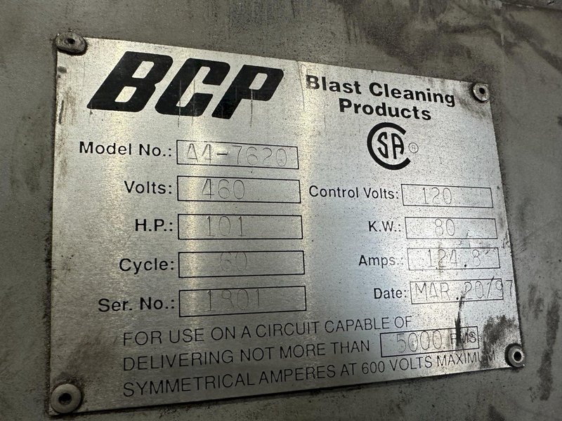 3&quot; BCP MODEL #A4-7620 3-WHEEL COIL BAR PASS -THROUGH BLAST MACHINE, RECLAIM &amp; DUST COLLECTOR: STOCK #20000