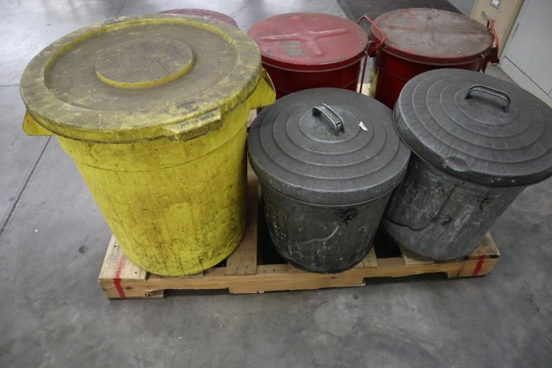 Oily Waste Containers, (3) Just-Rite 10 Gallon Foot Lever Operated, (2) Galvanized Cans With Lids, (1) Plastic Can- Auction Item