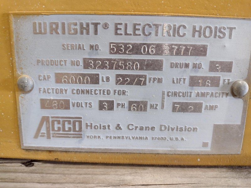 3 TON ACCO-WRIGHT WORK RATED SERIES 32 ELECTRIC POWERED CABLE HOIST: STOCK #18768