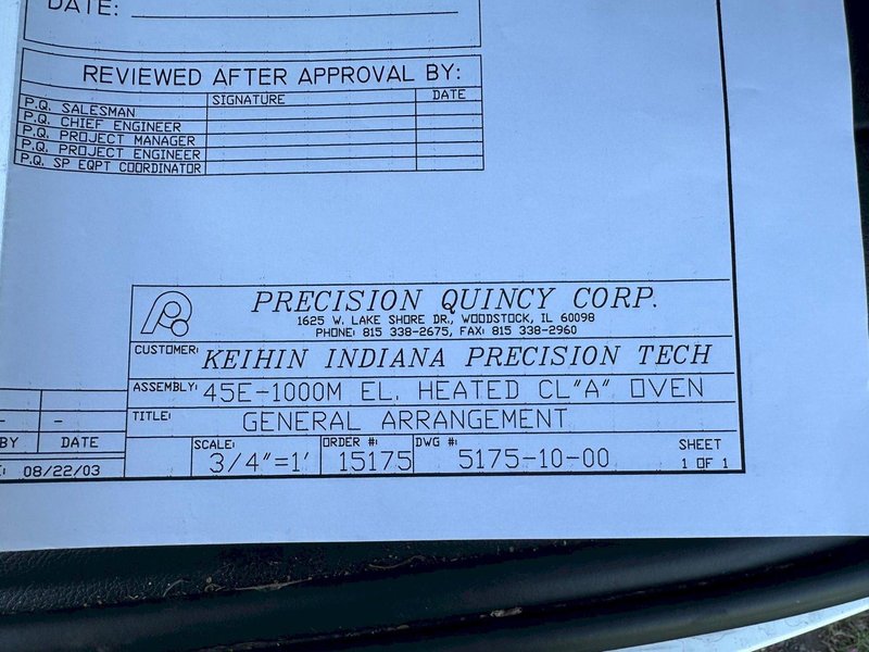 60&quot; X 38&quot; X 38&quot; X 1,000 DEGREE PRECISION QUINCY CORP MODEL #45E-1000M HEATED OVEN: STOCK #20624
