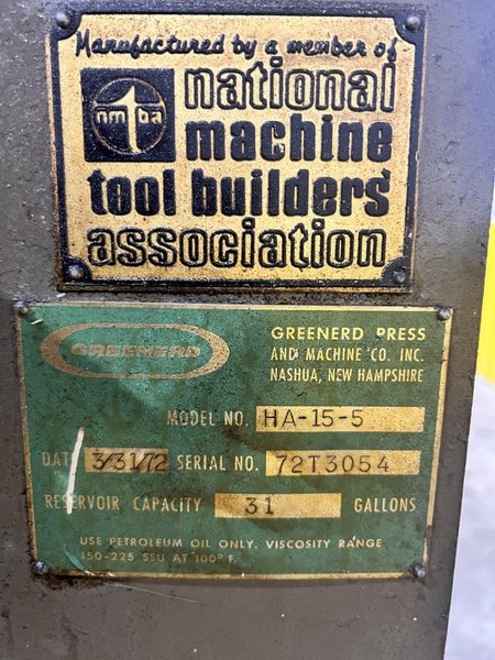 15 TON GREENERD MODEL #HA-15-5 C FRAME HYDRAULIC PRESS: STOCK #23457