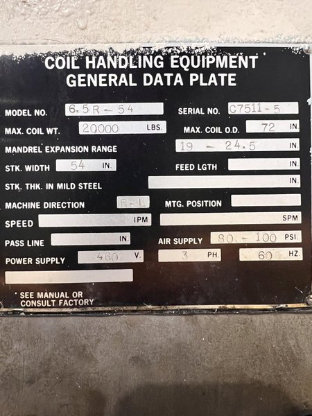 20,000 LBS X 54&quot; X .125&quot; CWP COIL SERVO FEED LINE, REEL, STRAIGHTENER, FEEDER, THREADING TABLE: STOCK #21083